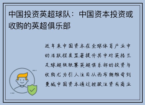 中国投资英超球队：中国资本投资或收购的英超俱乐部