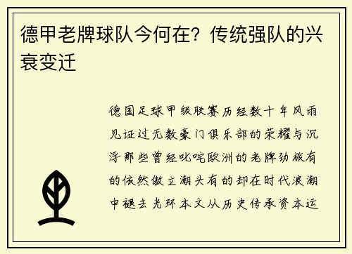 德甲老牌球队今何在？传统强队的兴衰变迁