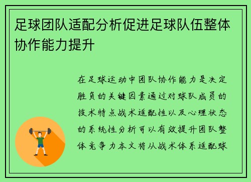 足球团队适配分析促进足球队伍整体协作能力提升